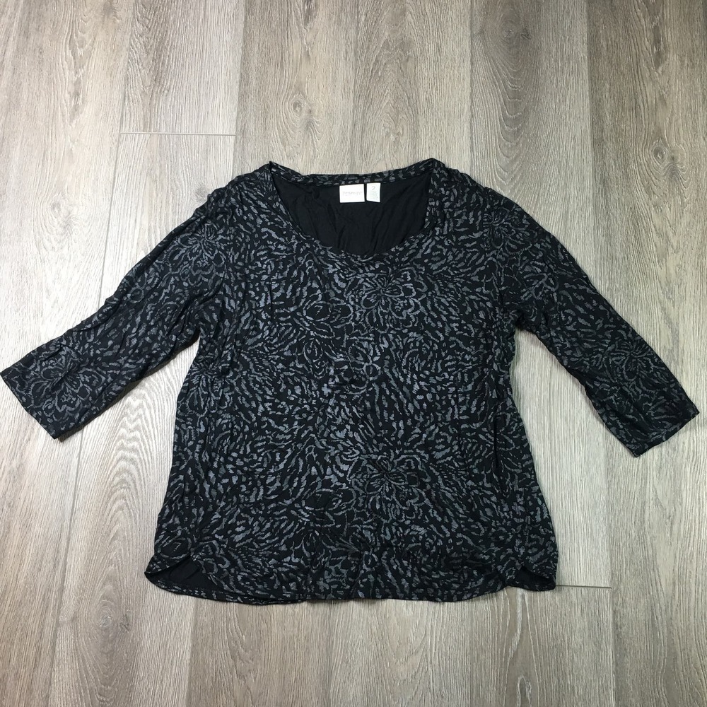 Chico's ZENERGY Dawn Foil Top Floral 3/4 Sleeve Modal T-Shirt Black Gray 2